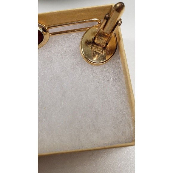 Vintage Krementz Correct Gold Tone Red Cabochon Cufflinks Tie Clip Oval Set - Picture 4 of 11